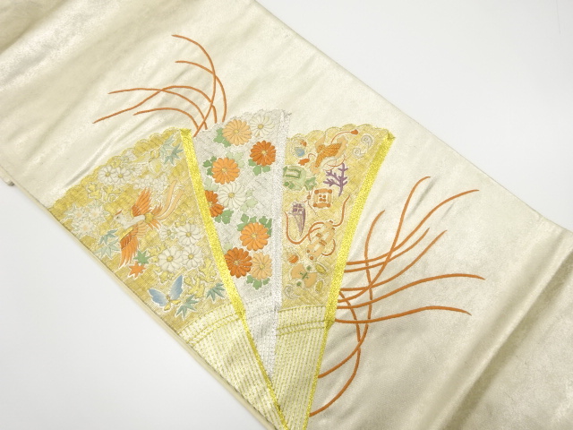アンティーク　桧扇に鳳凰・宝尽くし模様刺繍袋帯（材料）